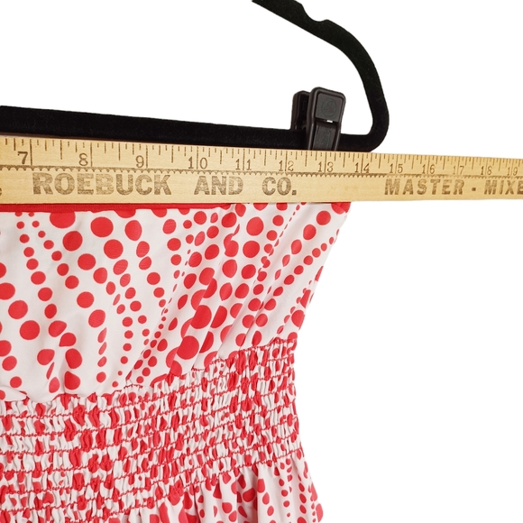 WET SEAL Red Polka Dot Wave Swirl Print White Strapless Smocked Top Small - Picture 5 of 7